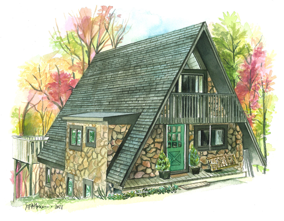 Custom hand-painted watercolor home hosue portrait capturing the rustic charm of an A-frame cabin nestled amidst the brilliant hues of fall foliage. Watercolor house paintings are hand-painted by Melissa Rothman.