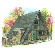 Load image into Gallery viewer, A-frame watercolor home portrait. Hand-painted by Melissa Rothman.