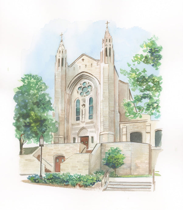 Christ the King Church in Atlanta Georgia painted in soft watercolor by Melissa Rothman