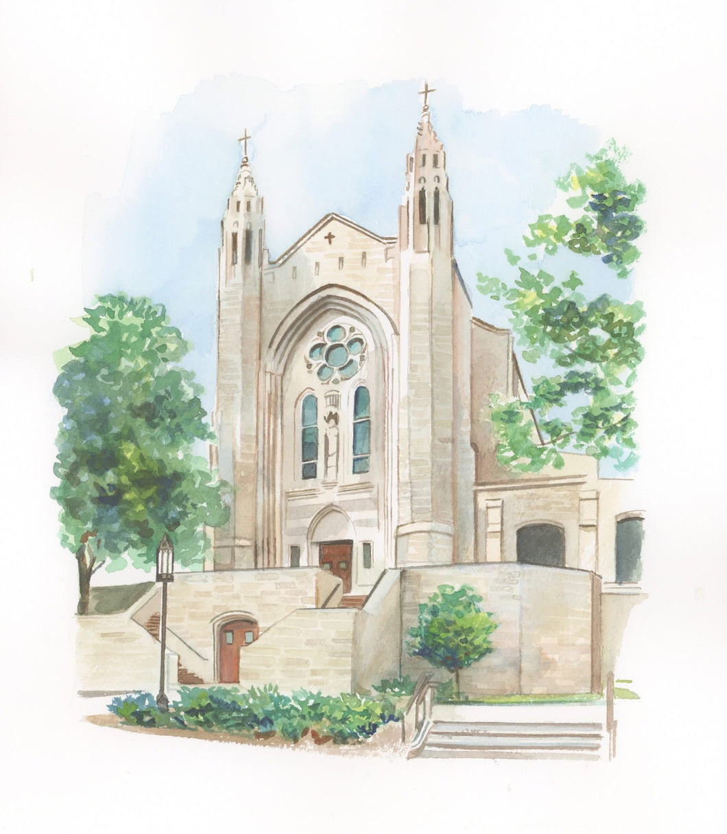 Christ the King Church in Atlanta Georgia painted in soft watercolor by Melissa Rothman