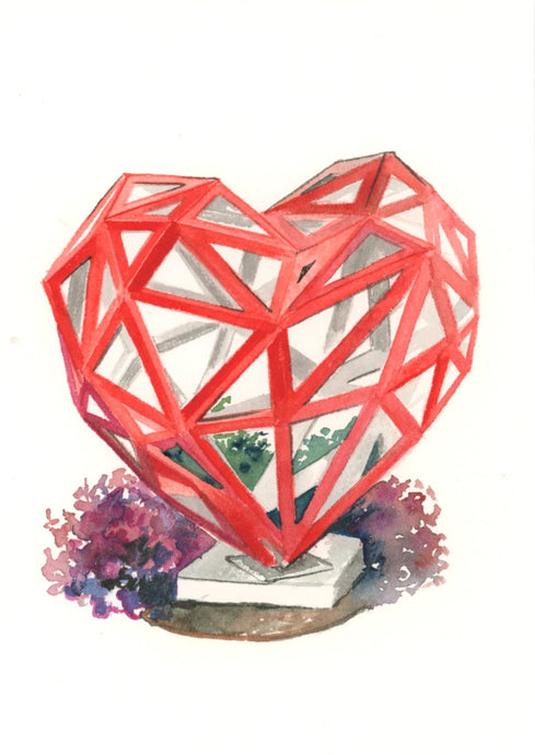 Print featuring a watercolor of the Open Heart Sculpture in Haddonfield, NJ.