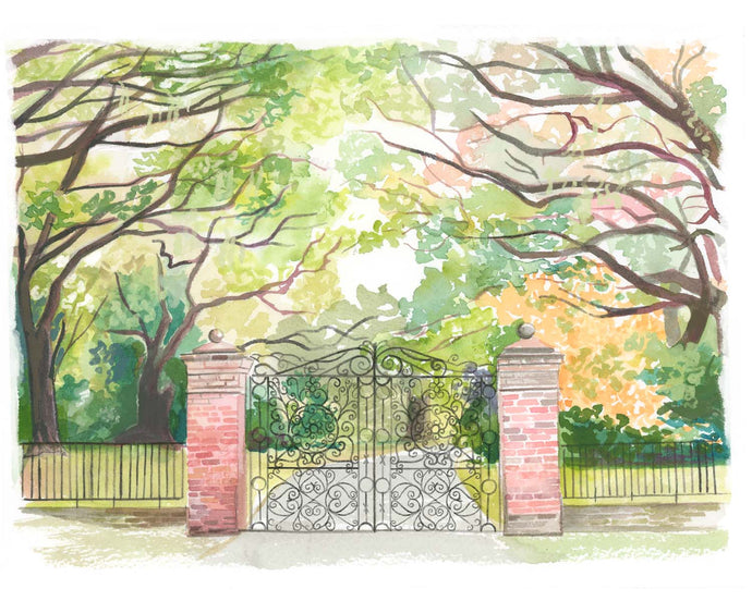Art Print Featuring the front gate at Legare Waring House by Melissa Rothman. Watercolor trees and gate with brick columns. 