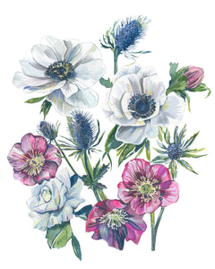 Botanical Watercolor Art Featuring Hellebore, Thistle, Anemone