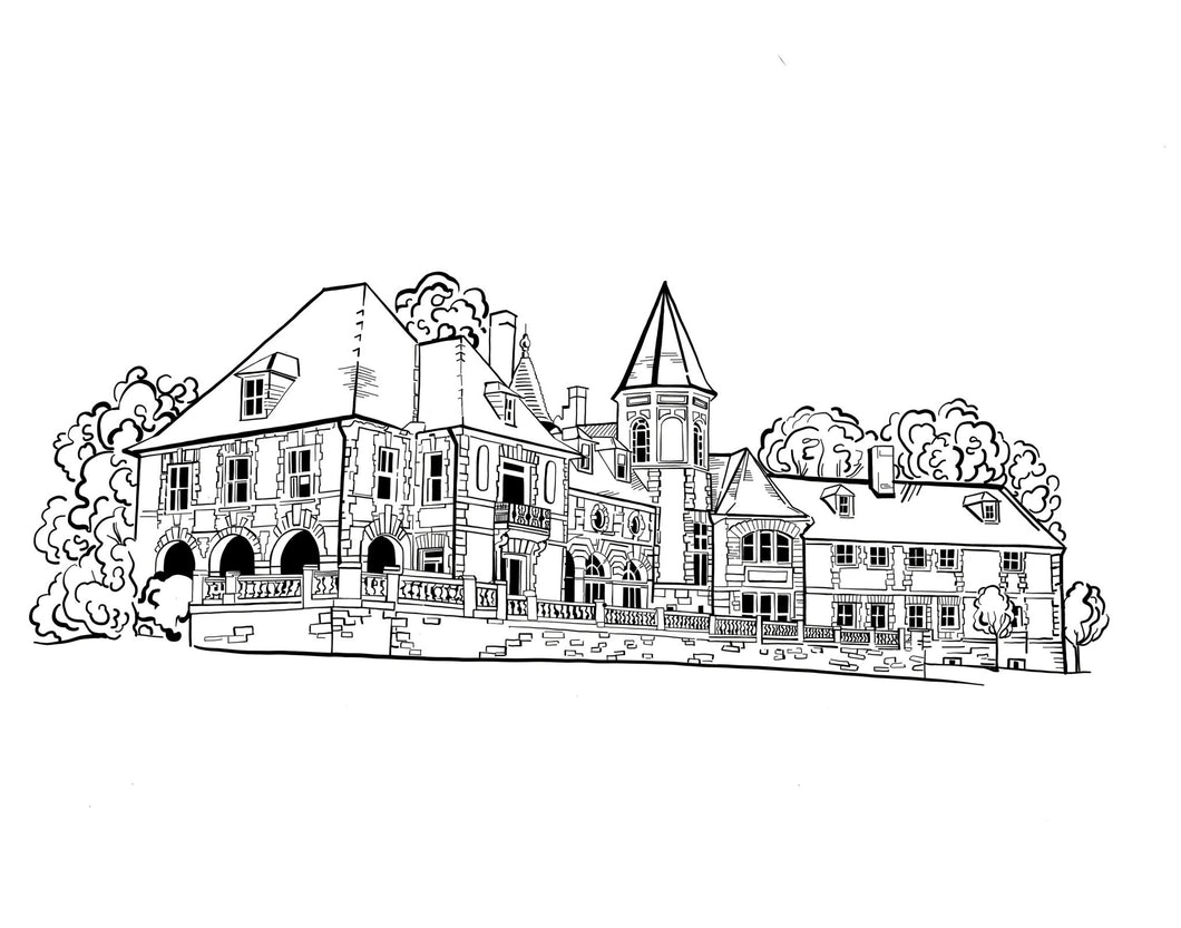 Fine art print featuring a line art illustration of Cairnwood Estate in Bryn Athyn, PA.