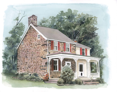 Custom watercolor house portrait. Detailed realistic watercolor painting of house.