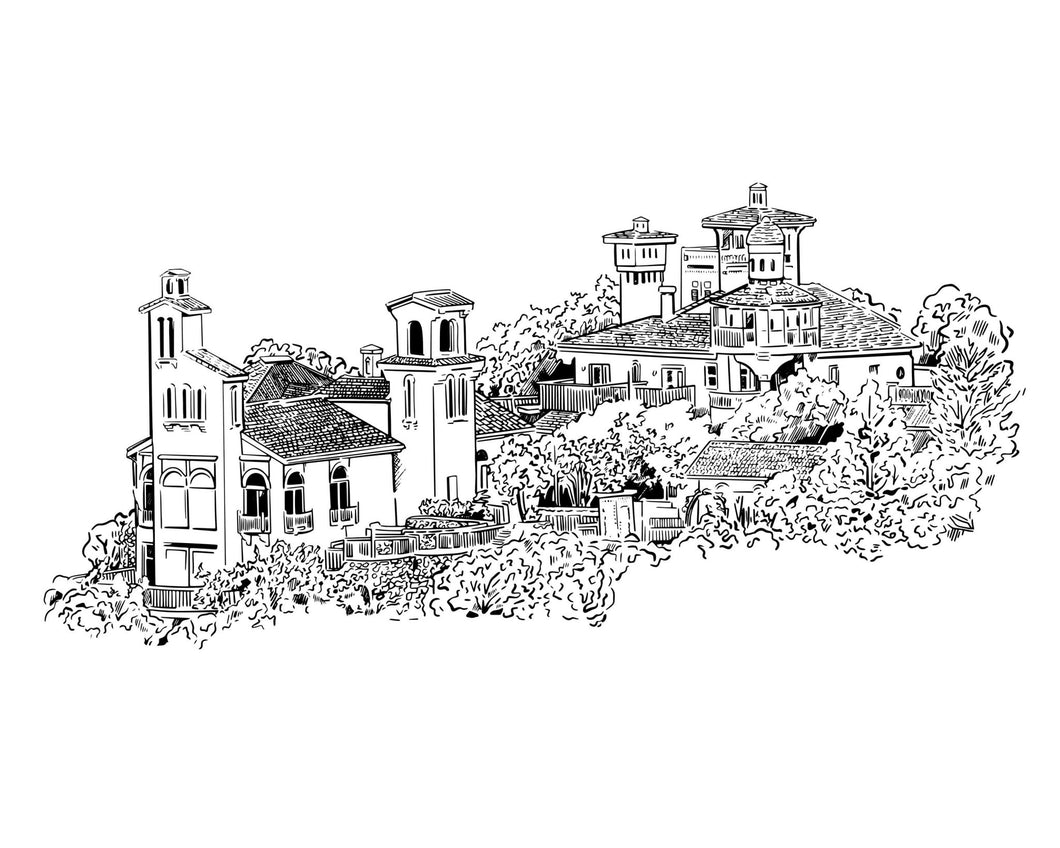 beautiful black and white drawing of Villa Antonia in Jonestown, Texas.